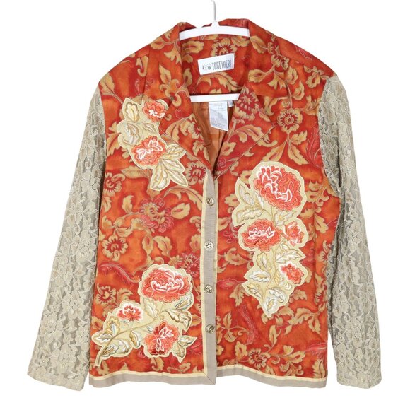 Together Jackets & Blazers - Vintage Floral Embroidered Lace Sleeve Lightweight Jacket Size 10 Boho Orange